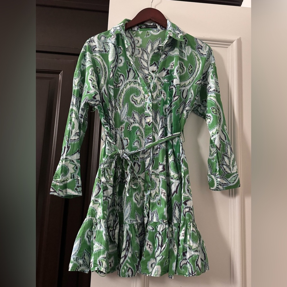 Green Patterned Button-Up Dress